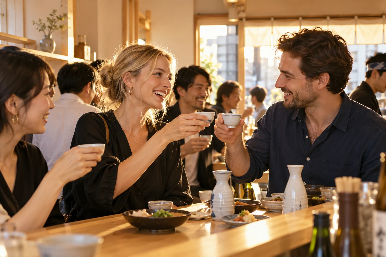 東京の酒場で日本酒を楽しむ旅行者