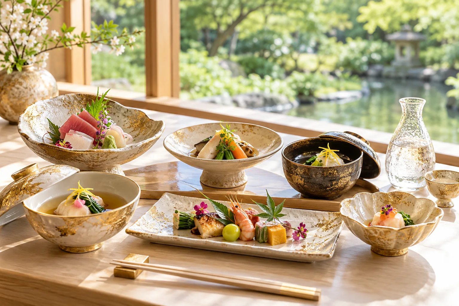 日本庭園を望む懐石料理と日本酒