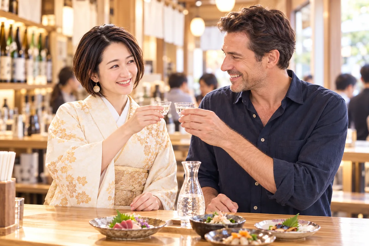 着物姿のホストと日本酒で乾杯する旅行者のイメージ